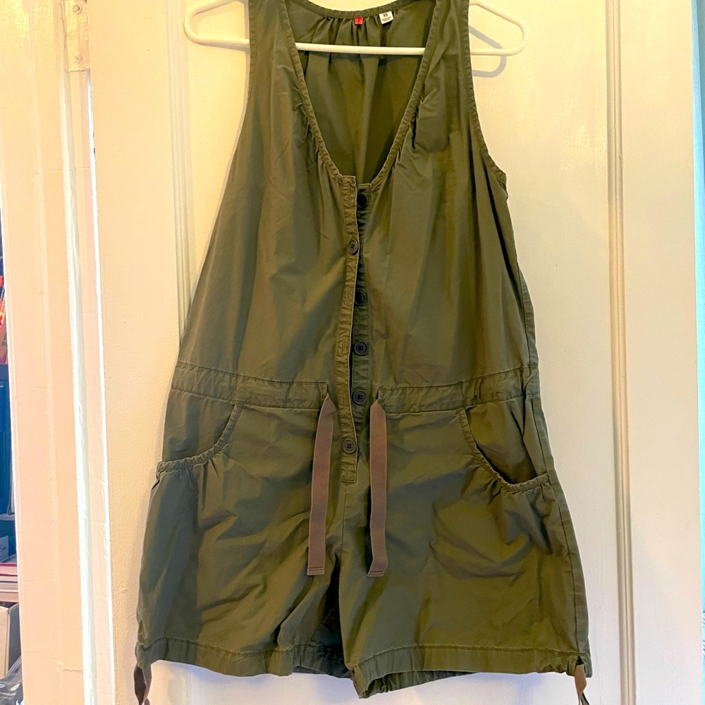 Romper.  Very comfortable.  Material is similar to cargo.  Color is army green